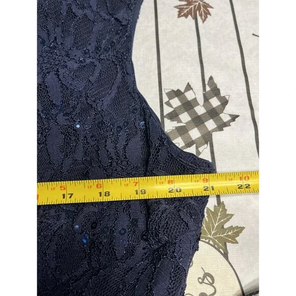 Lauren Ralph Lauren Lace Sequence Ruched Asymmetrical Navy Blue Dress 16W - Picture 8 of 13